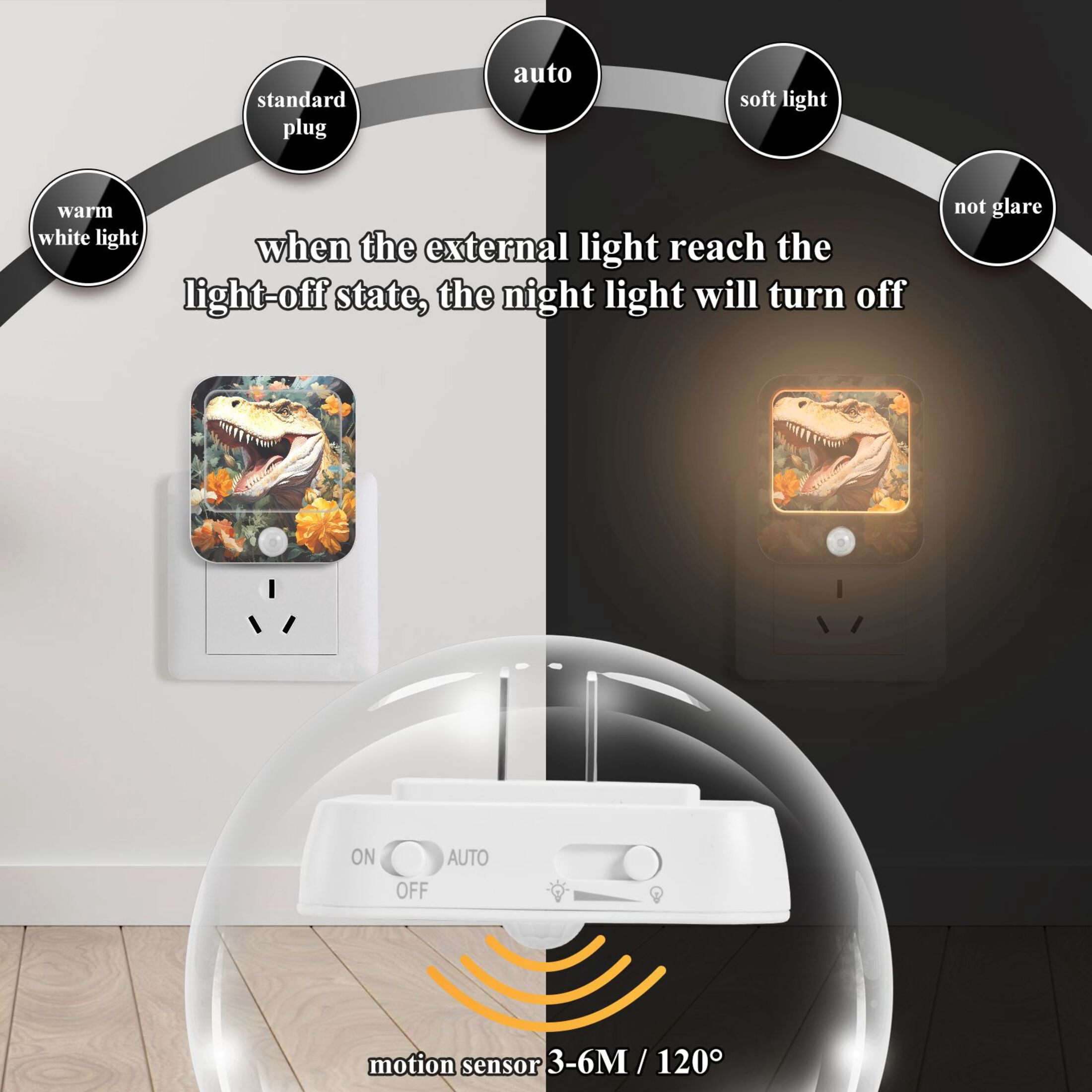 Dinosaur Flowers Leaves Night Lights Plug into Wall LED with Auto Light Sensor Warm Light for Kids Hallway Bedroom Living Room Kitchen Bathroom Set of 2