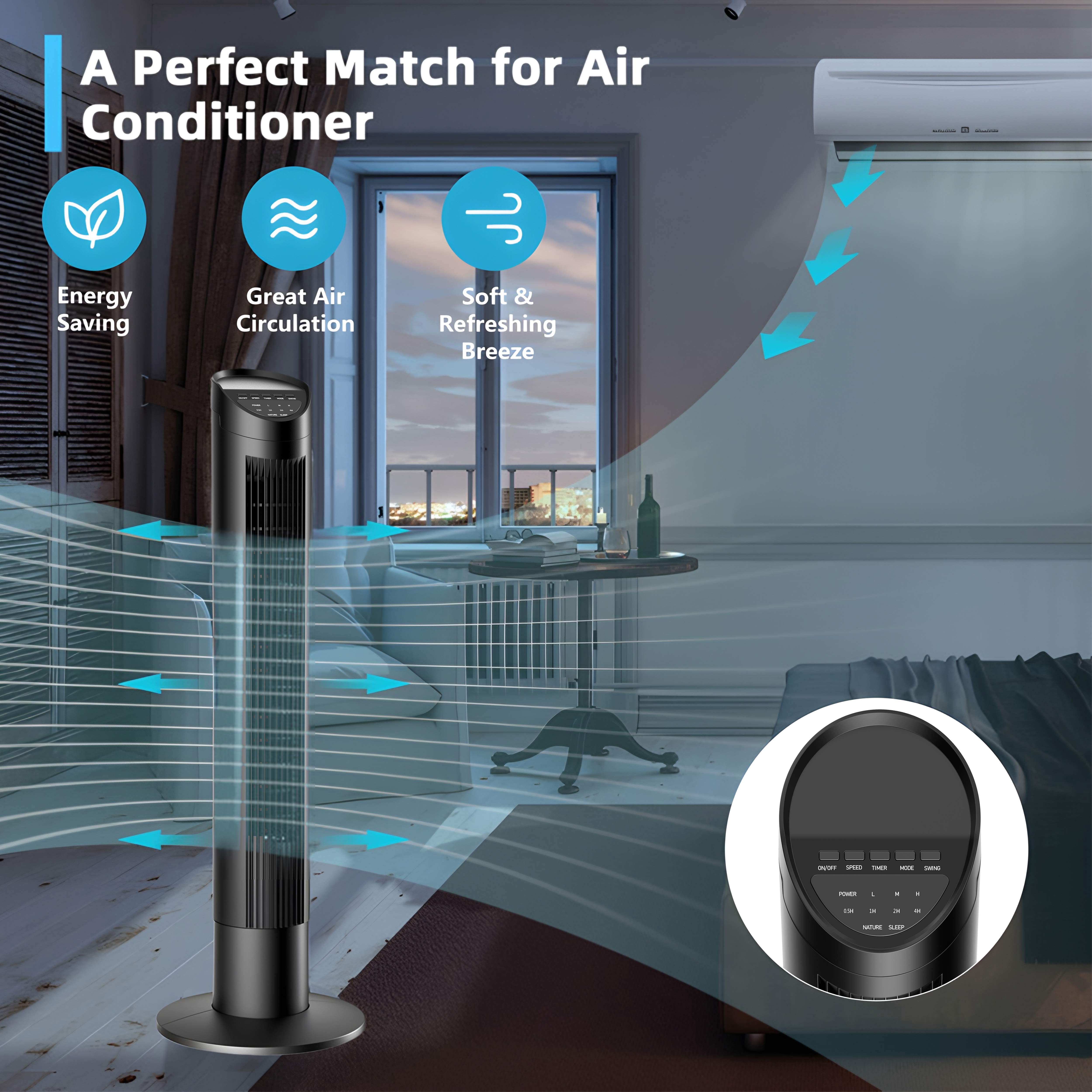 SUGIFT Tower Fan for Home, 35" Standing Floor Fan with Remote, 60 Oscillating Fan, 3 Speeds, 3 Modes, 8H Timer, Quiet Bedroom Fan