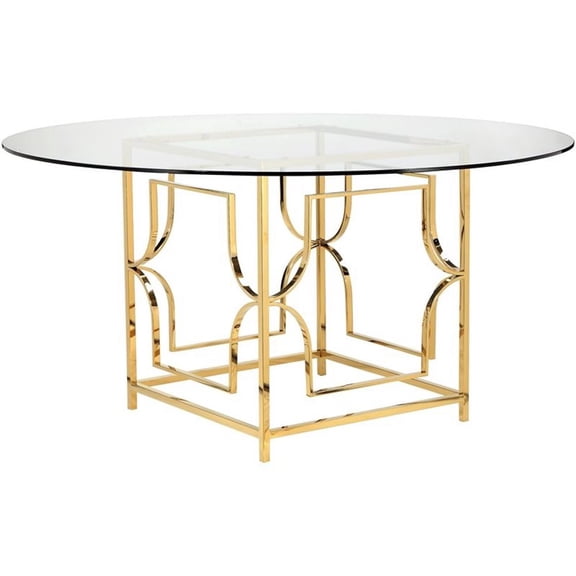Pemberly Row Metal Round Dining Table with Glass in Polished Gold