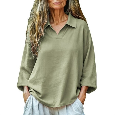 Comdrip Business Casual Tops for Women Women s Collar Solid Color Cotton Shirt Casual Long Sleeved Shirt Oversized Tops for Women Light Green M