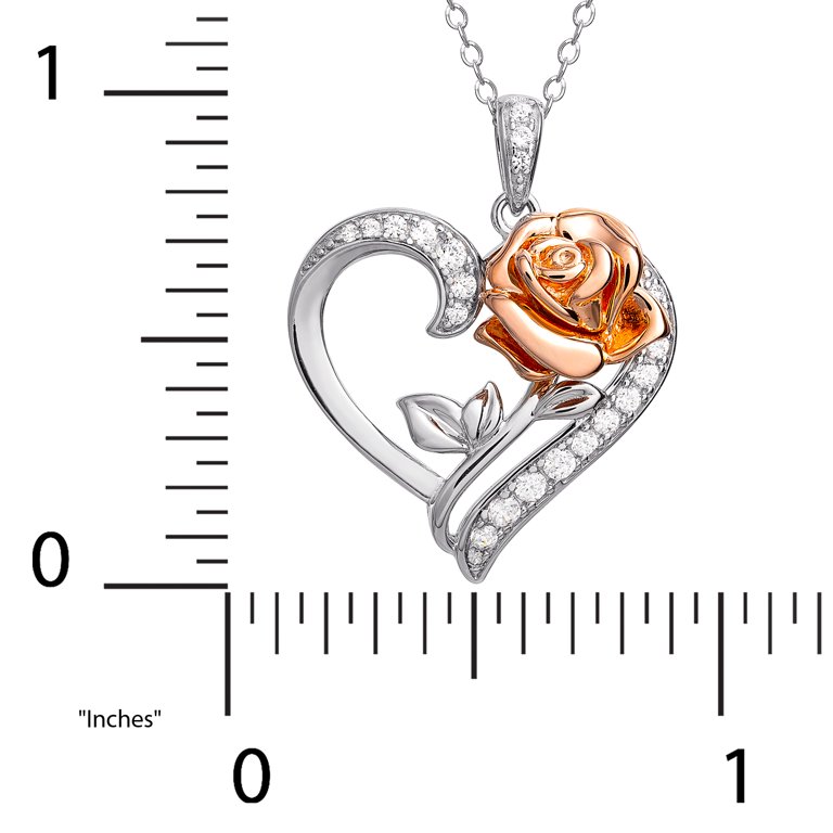 Disney Beauty and the Beast Women's CZ Sterling Silver Rose Heart Pendant  Necklace, 18