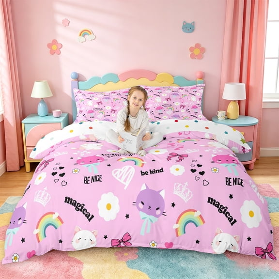 jejeloiu Pink Coquette Bow Duvet Cover Set Kids,Cute Cartoon Cat Bedding Full For Girls,Reversible,3pcs(No Comforter)
