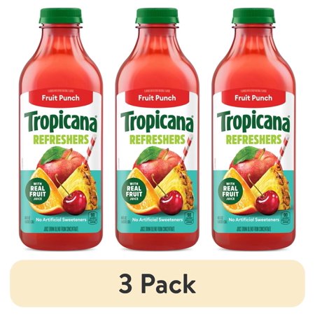 (3 pack) Tropicana Refreshers Fruit Punch Juice Drink, with Real Fruit Juice, 46 fl oz Bottle