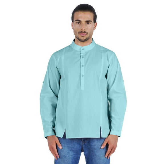Atasi Indian Mens Henley Shirt Long Sleeve Casual Mandarin Collar Short Kurta