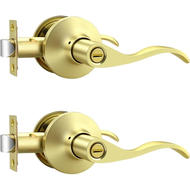 Poignées de Porte d'Intimité en Or Brossé pour Intérieur, Poignée de Porte Intérieure en Laiton Brossé Robuste avec Serrure, Style Ondulé, Sans Clé, Réversible pour Portes de Chambre et de Salle de Bain