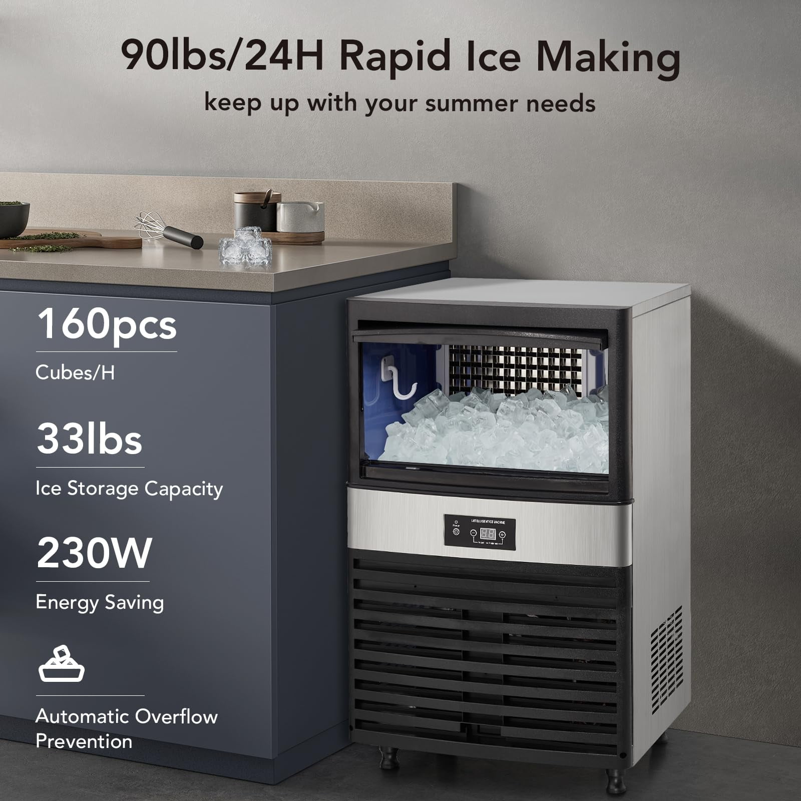 Homhougo—Broadfashion Commercial Under Counter Ice Maker Machine Stainless Steel 33lbs Storage Capacity Freestanding 4 * 8 Cubed Ice