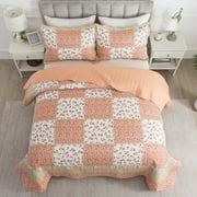 EWAYBY King Quilt Bedding Set 3-Piece Bedspread Coverlet Set Reversible Floral Patchwork Quilt Sets, Pumpkin