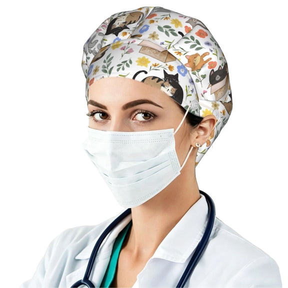 cute cat Bouffant Caps with Button and Sweatband, Adjustable Scrub Caps hat for Women Men