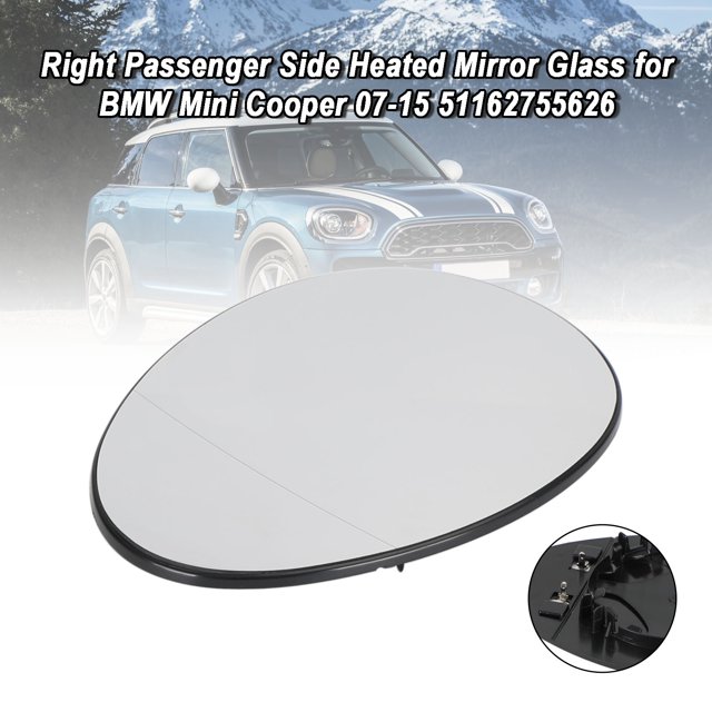 Right Passenger Side Heated Mirror Glass for BMW Mini Cooper 07-15 51162755626. The oval-shaped mirror glass features a heated design for defrosting and is shown with a black backing plate for easy installation. Suitable for Mini R55 Clubman, R56 Hatchback, R57 Convertible, R58 Coupe, and R59 Roadster models from 2007 to 2015. Includes one replacement mirror glass.