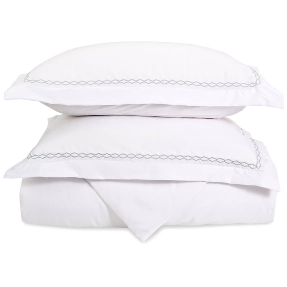 6-Line Microfiber Wrinkle-Resistant Duvet Cover and Embroidered Pillow Sham Set White/Grey / Full/Queen