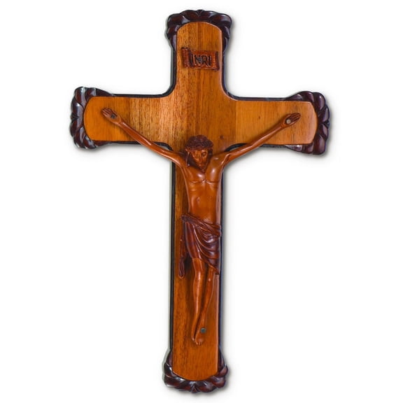 Large Solid Mahogany Hand Carved Boarders Wall Crucifix