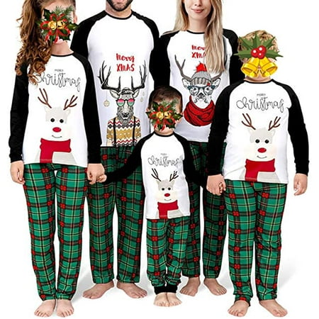 

Gueuusu Matching Family Pajamas Cartoon Elk Print Round Neck Long Sleeve Tops+ Plaid Pajamas Trousers for Kids Adults White