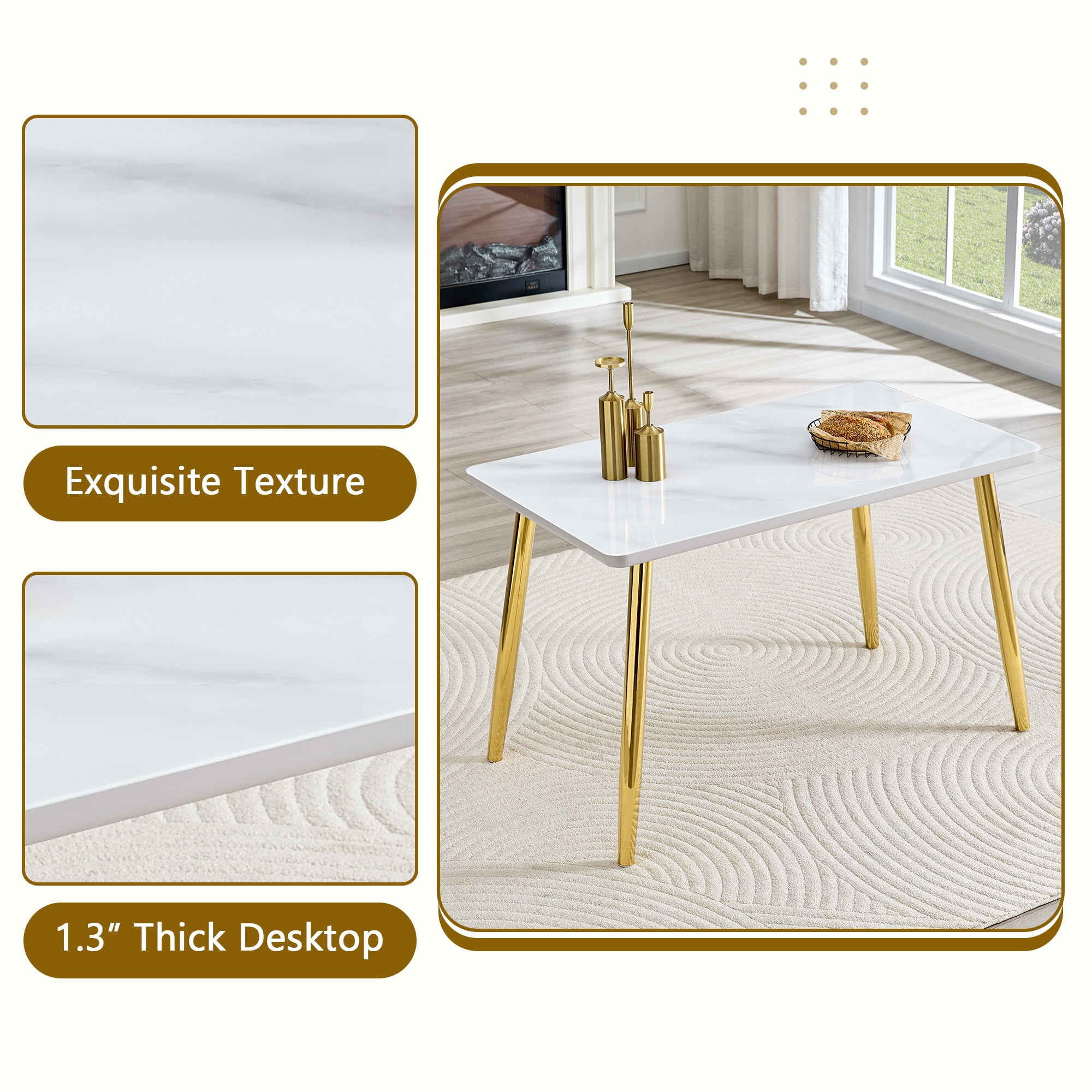 Hi loPres 47" White Modern Rectangular Dining Table for Apartments, Faux Marble Tempered Glass Top Kitchen Desk with Stable Gold Metal Legs, Minimalist Style