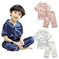 thumbnail image 3 of LYMAYTER Kids Toddler Boys Girls Stain Pajama Set V-Neck Short Sleeve Sleepwear Tops Outfit 2PCS for 1-10 Years Silk Jammies Loungewear, 3 of 9