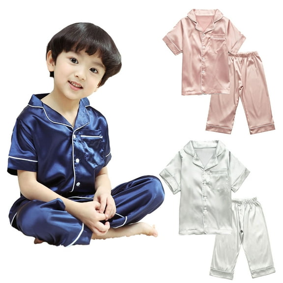 KYAIGUO Kids Girls Boys Pajama Set Satin Silky Baby Cute Summer Short-Sleeved Long Pants Sleepwear Jammies Outfit for 1-10 Years