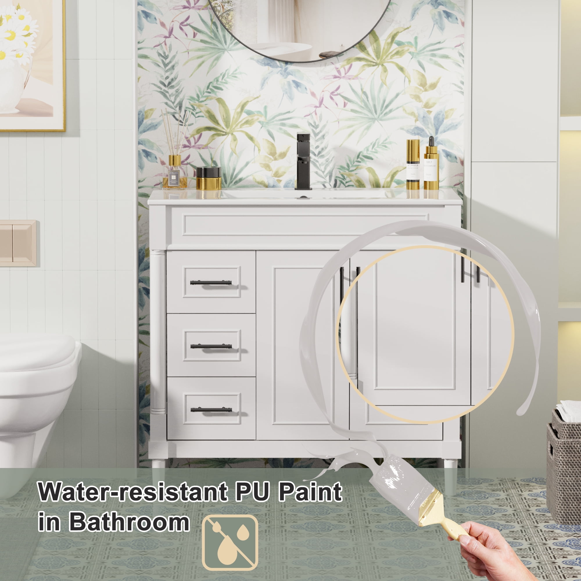 36" Freestanding White Bathroom Vanity with Ceramic Sink Top, Faucet, Classic Tapered legs