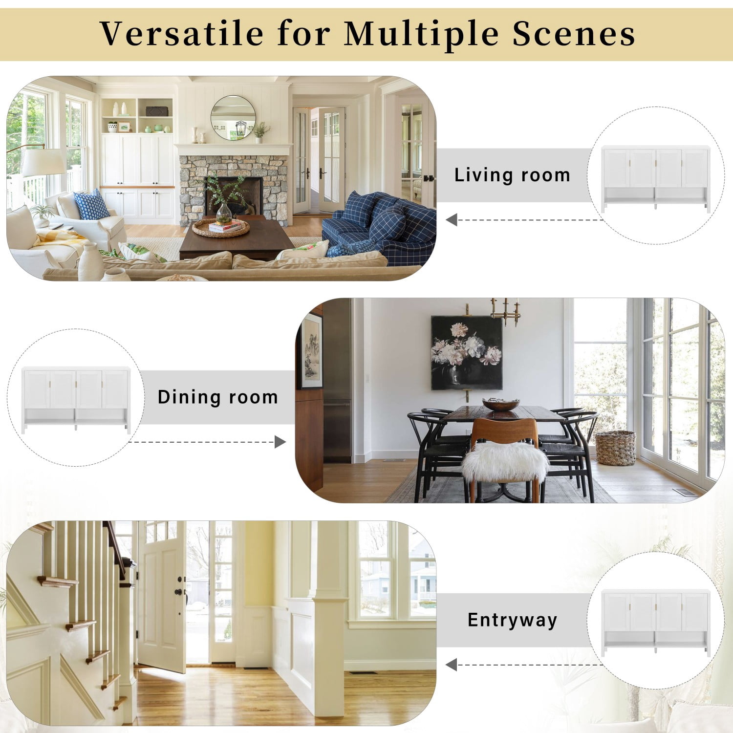 55.1" Modern Storage Sideboard Cabinet, 4-Door Buffet Cabinet with Adjustable Shelves, Open Shelf & Hooks for Living Room Dining Room Entryway, White