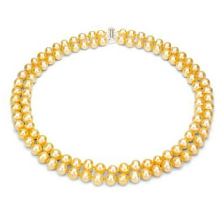 Golden Freshwater Pearl Necklace for Women, Sterling Silver 2 Row 17 & 18 7x8mm