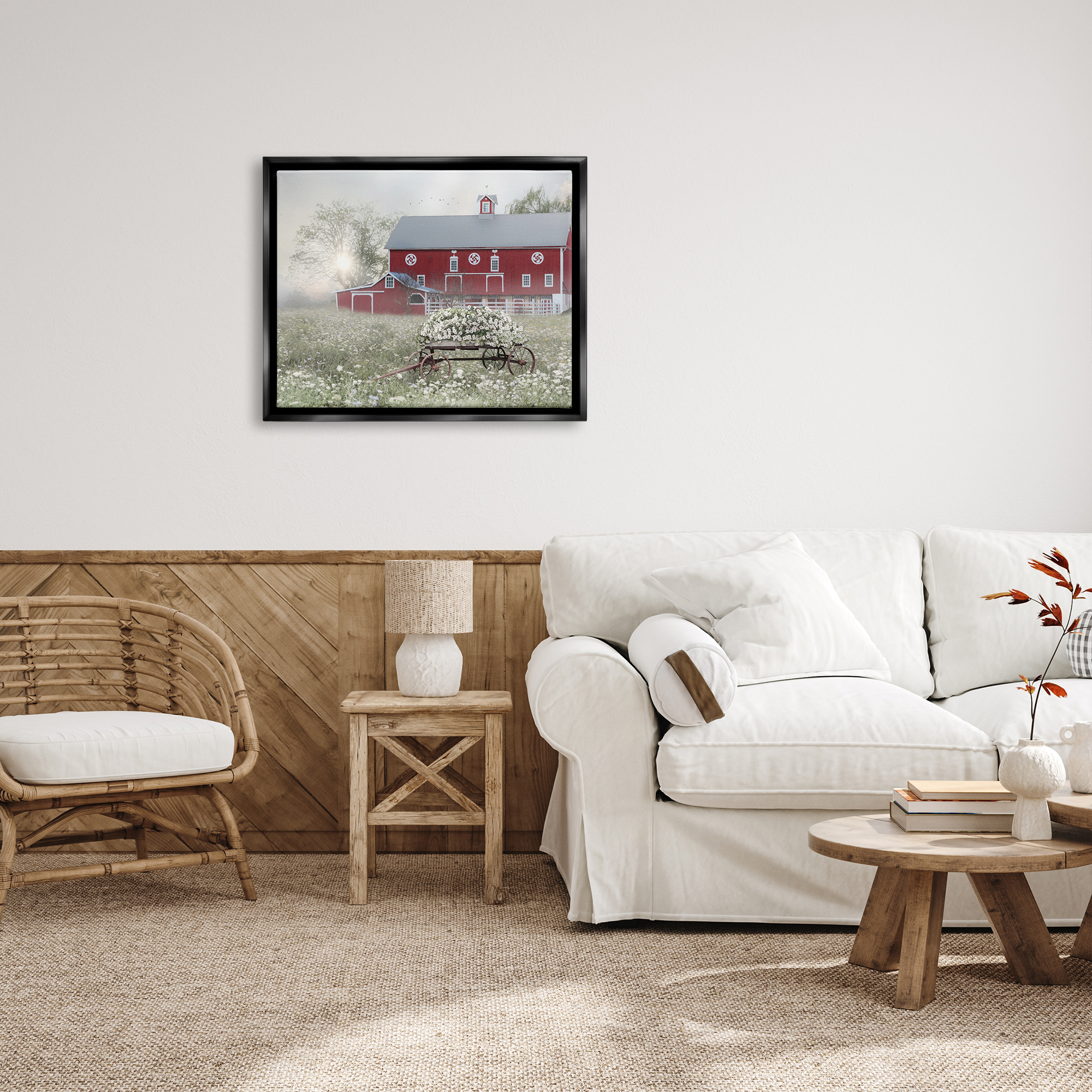 Stupell Red Barn Floral Wagon Meadow Landscape Painting Black Floater Framed Art Print Wall Art
