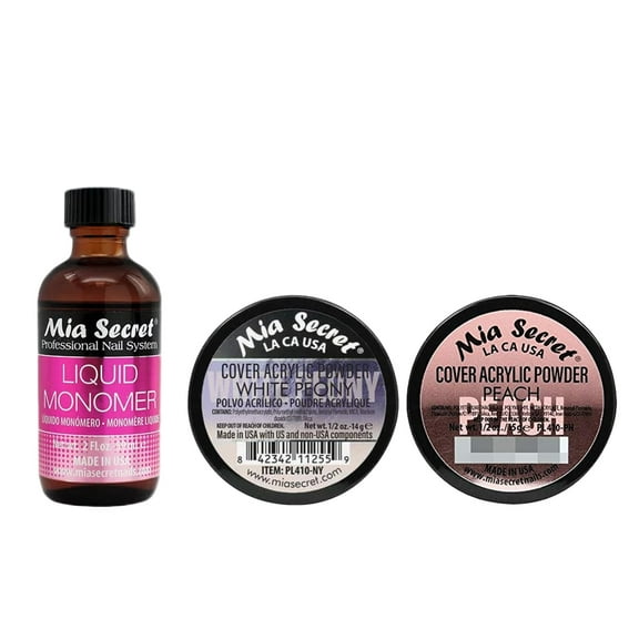 Mia Secret - Liquid Monomer 2oz & (Cover Acrylic Powder White Peony   Cover Acrylic Powder Peach) 0.5 oz. - COMBO