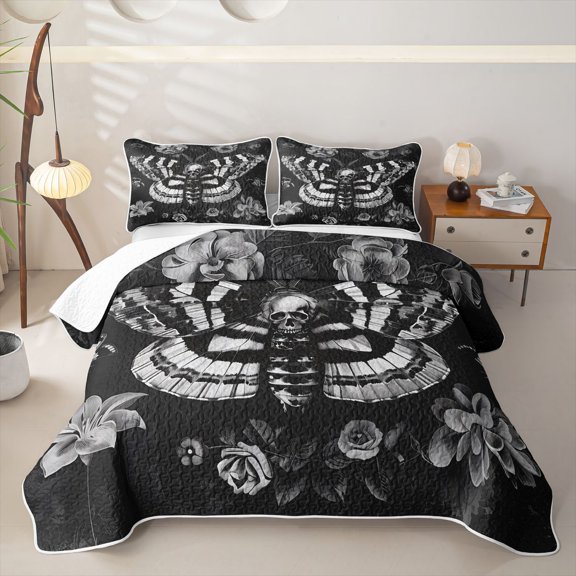 Homewish Goth Skull Moths Twin Quilt Set,Vintage Flowers Twin Coverlet Set,Black Gray,Halloween Duvet,2 Pieces