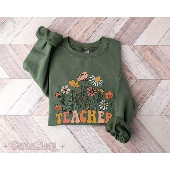 Wildflowers Teacher Sweatshirt, Groovy Custom Teacher Pullover, Teacher Appreciation Gift Crewneck
