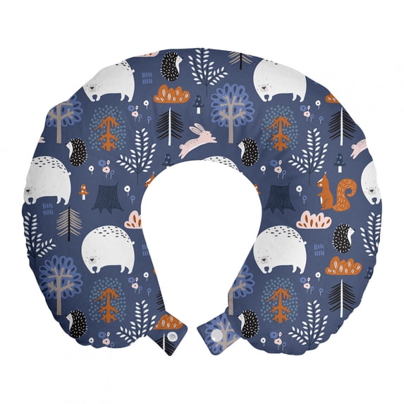 Animal Travel Pillow Neck Rest, Polar Bear Squirrel Hedgehog Trees Rabbits Herbs Woodland Creatures, Memory Foam Traveling Accessory Airplane and Car, 12", Dark Lavender Multicolor, by Ambesonne