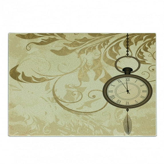 Clock Cutting Board, Vintage Grungy Background Design with Pocket Watches on Chain Romantic Retrort Print, Decorative Tempered Glass Cutting and Serving Board, Small Size, Brown, by Ambesonne
