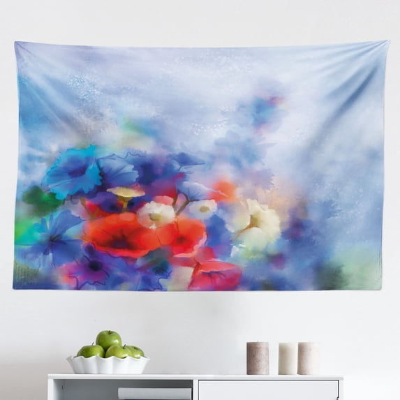 Flower Tapestry, Vibrant Colored Flower Bed on Valley in Fall Season with Shady Faded Murky Print, Fabric Wall Hanging Decor for Bedroom Living Room Dorm, 2 Sizes, Green Mustard, by Ambesonne