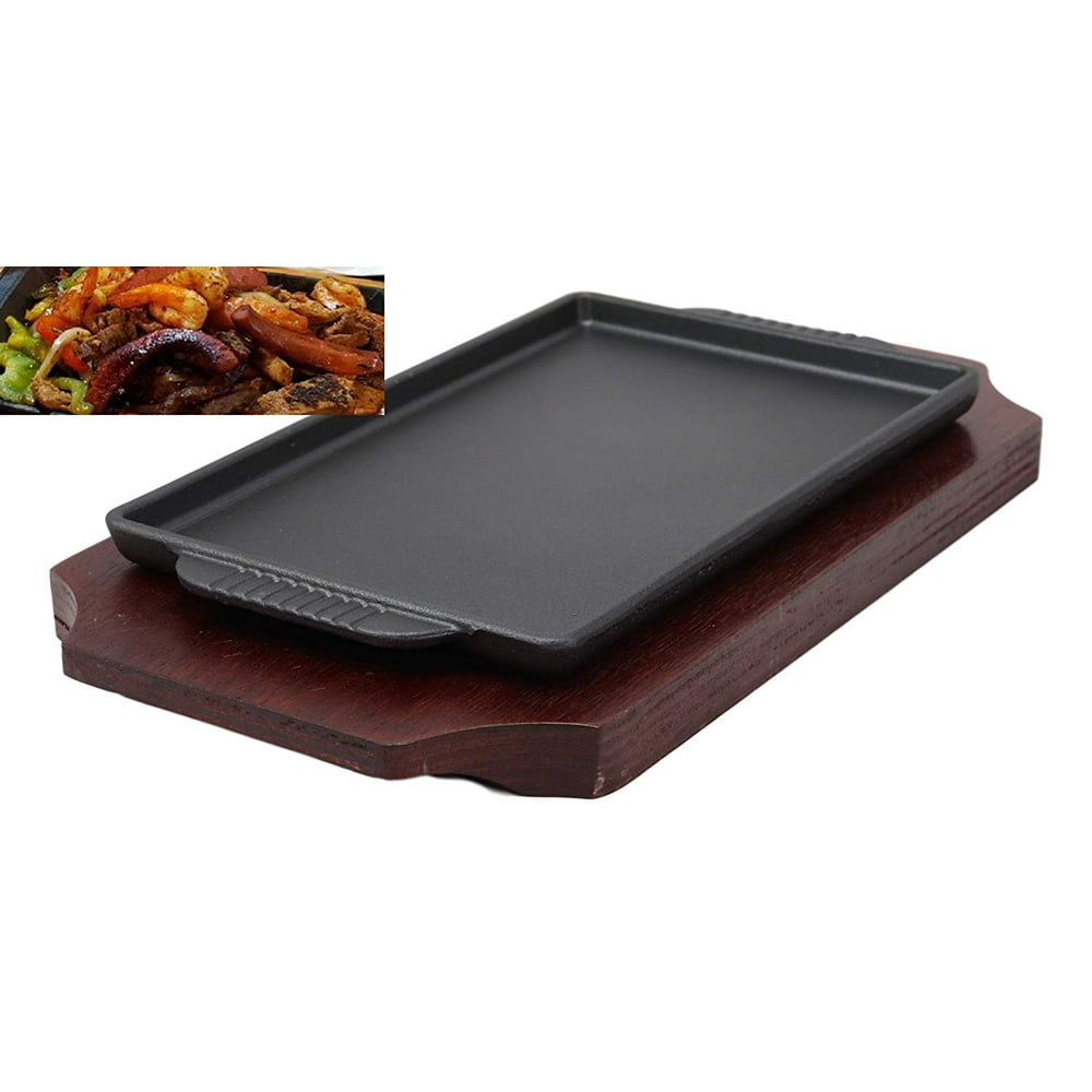 Cast Iron Sizzling Fajita Steak Stir Fry Skillet Pan Plate & Wood Base Set 9.25"