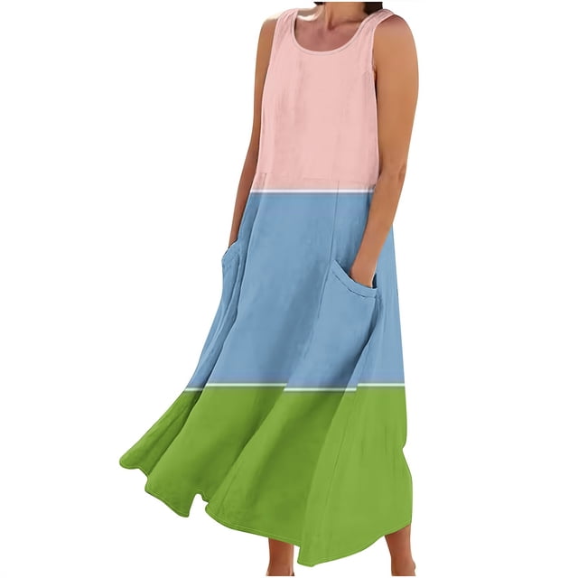 Vestido de Verano para las Mujeres sin Mangas Lino-Look Impreso Maxi, Suelto Fluido Y Vestido Sexy de Moda para las Mujeres
