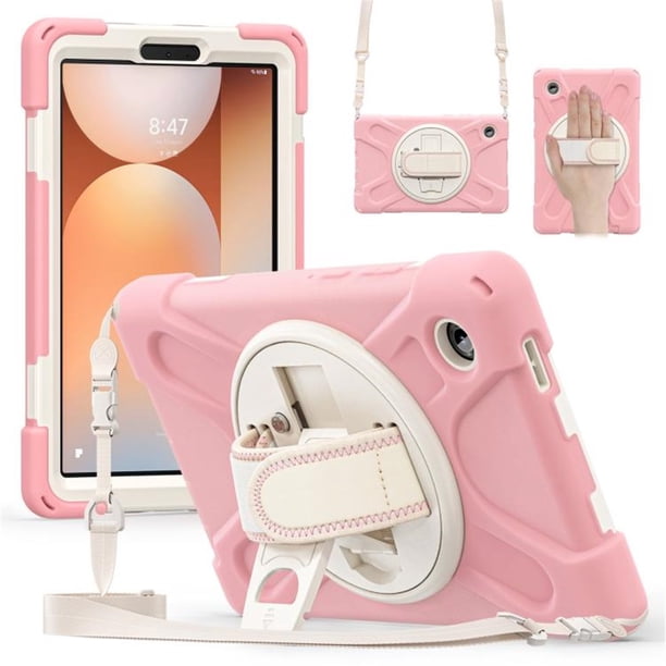 Funda para Samsung Galaxy Tab A9, Funda Protectora de Silicona Anti-caída + Capa de PC con Asa, Soporte, Correa para el Hombro, Resistente a Golpes, Tres Pruebas, Funda Protectora para Tablet, Rosa,