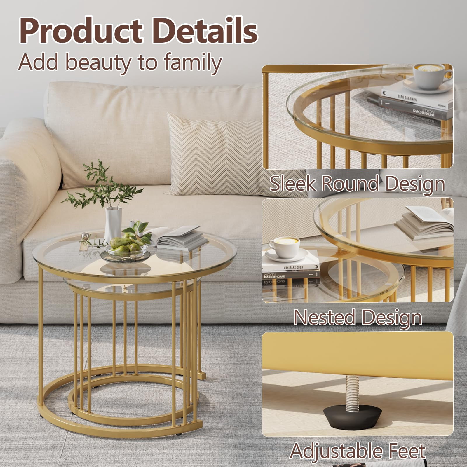 Nesting Coffee Table, 23.6" Round Coffee Table Set of 2, Glass Nesting Table with Metal Frame, Ceter Tables for Living Room Bedroom Balcony, Gold