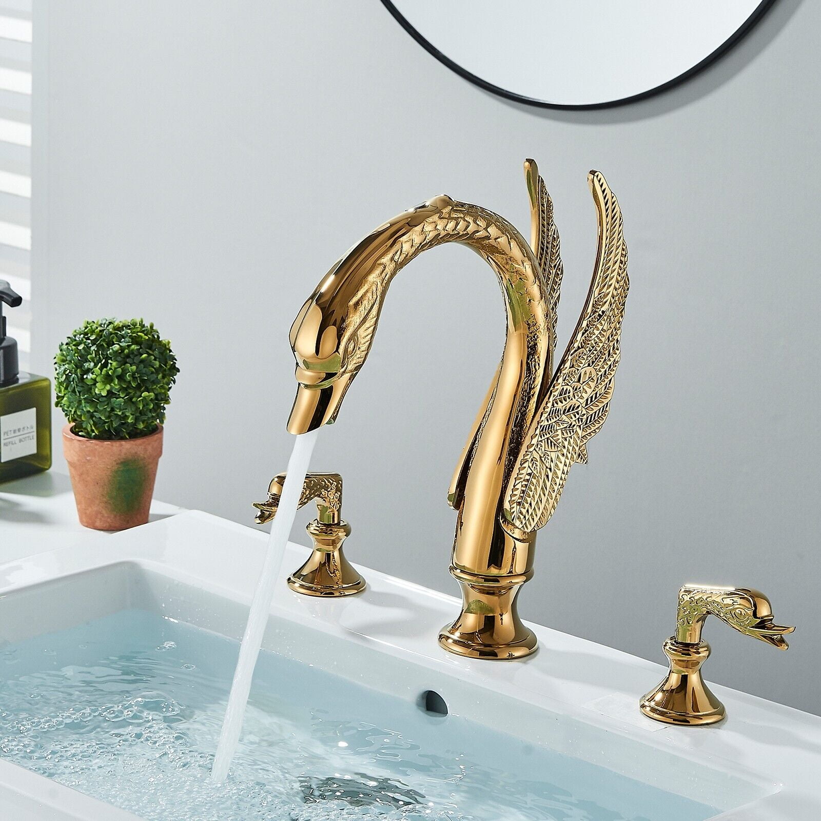Zovajonia Double Crystal Knobs Basin Faucet Widespread 3 Holes Sink Mixer Tap Gold Finish