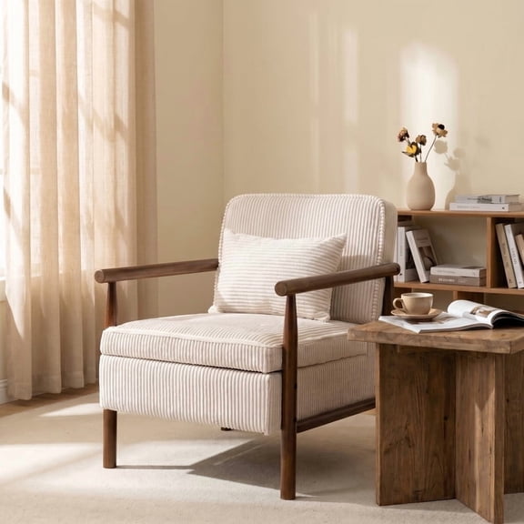 iooHug Mid Century Modern Accent Chair with Wood Frame, Upholstered Corduroy Armchair with Waist Cushion, Storage Chair for Living Room Bedroom