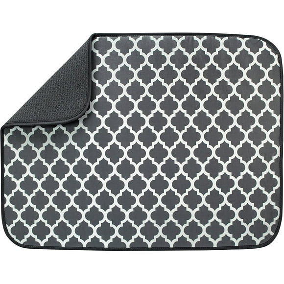 Reversible XL Microfiber Dish Drying Mat for Kitchen, 18 Inch x 24 Inch, Pewter Gray Trellis