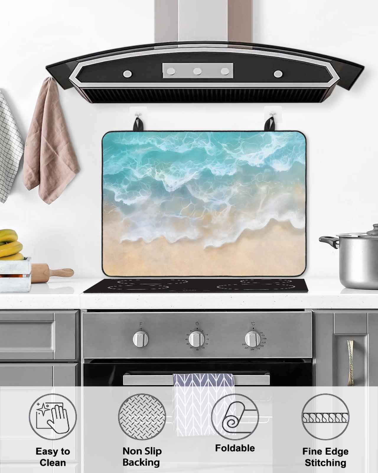 nqOlkjepod Large Induction Cooktop Protector Mat 36"x21", Turquoise Summer Beach Stove Top Covers for Electric Stove, Coastal Water Ripple Decorative Stove Burner Cover Mats, Glass Top Stove Cover