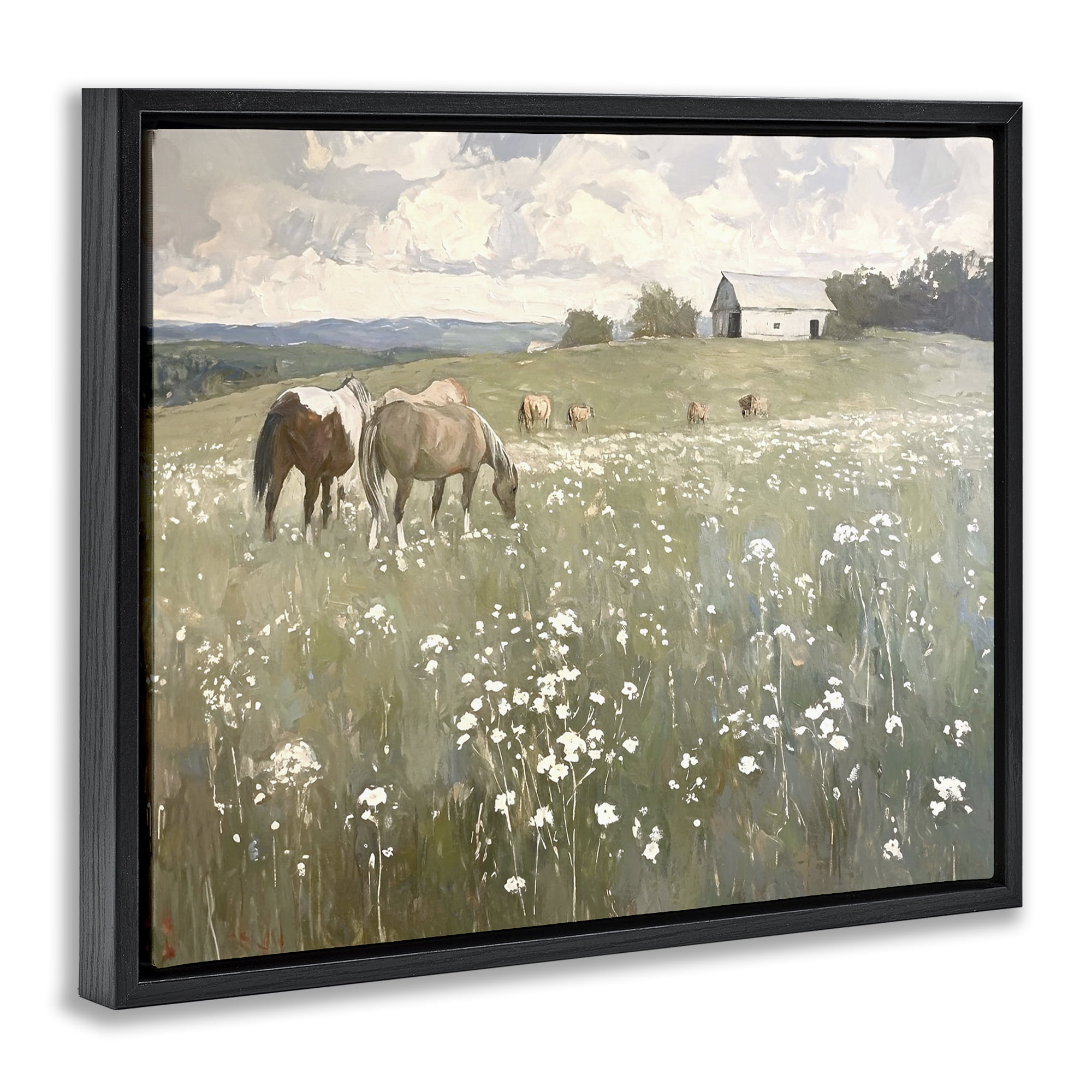 Stupell Industries Horses in Pasture Landscape Painting Black Floater Framed Canvas Art Print Wall Art, 31 x 25