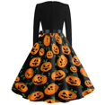 thumbnail image 5 of Women's Halloween Dress Pumpkin Ghost Long Sleeve Hepburn 1950s Funny Dresses V Neck Cocktail Retro Casual Tea Length Dress with Belt XL, 5 of 5