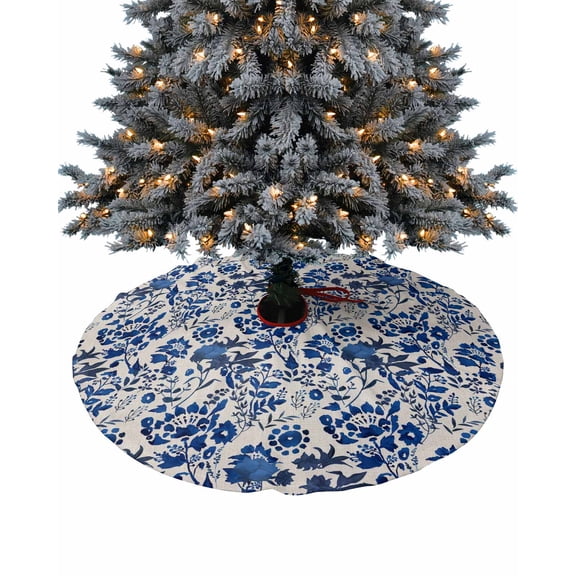 Blue Spring Floral Christmas Tree Skirt 36 Inches Large Christmas Skirt Tree, Watercolor Elegant Summer Botanical Rustic Tree Skirt Christmas Decorations for Fireplace Party Holidays Indoor Outdoor