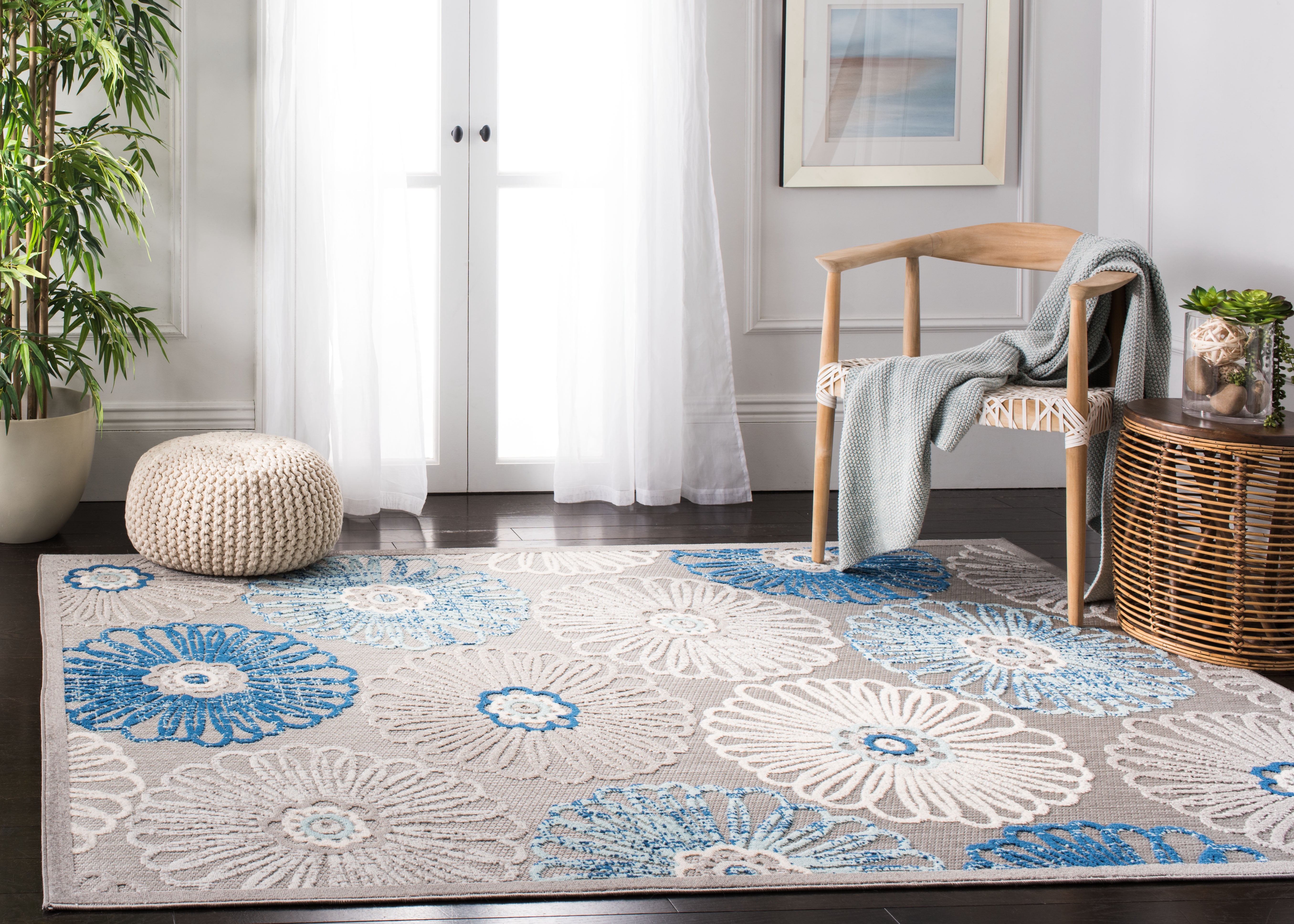 SAFAVIEH Cabana Aria Cream/Red 2'X8' Runner Indoor/Outdoor Area Rug Grey/Blue, 5'3" x 7'6"