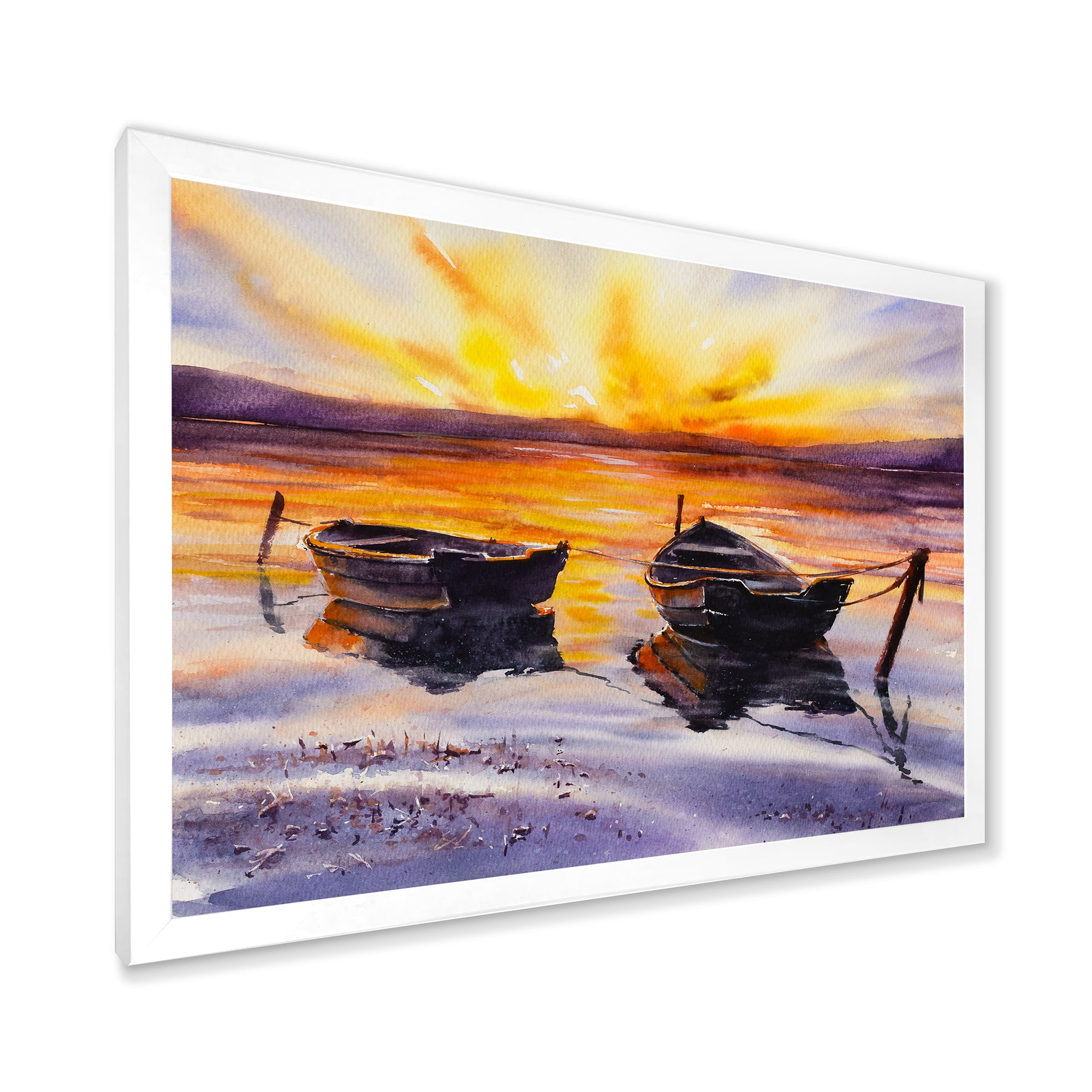 Designart 'Two Small Boats Parking On The Shore and Sunset' Lake House Framed Art Print