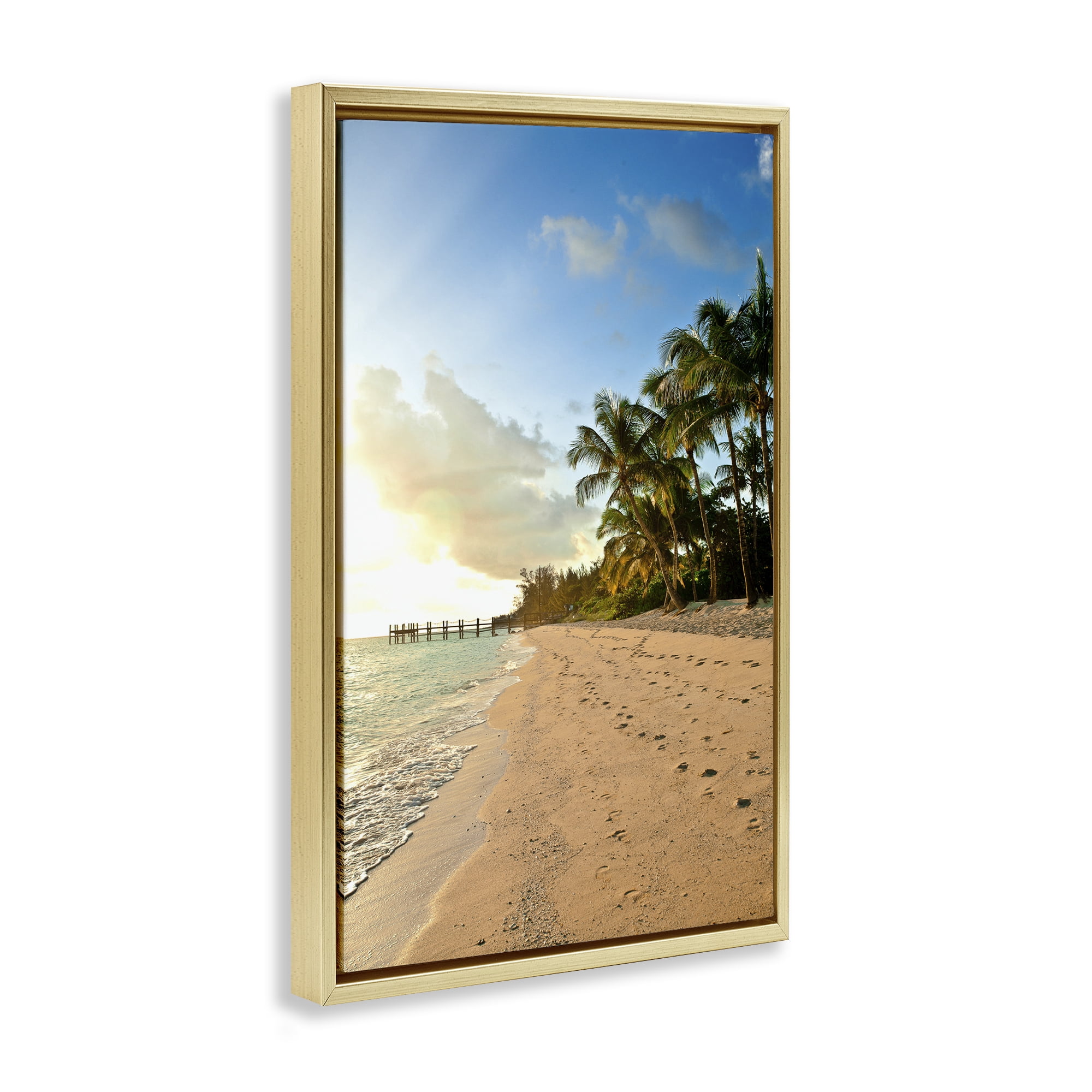 Stupell Industries Sandy Footprints Shore Coastal Photography Gold Floater Framed Canvas Art Print Wall Art, 17 x 25