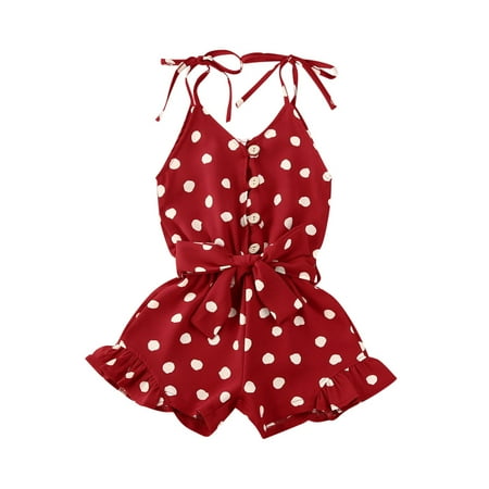 

Kiapeise Girls Polka Dot Playsuit with Belt Ruffles Strap Jumpsuit