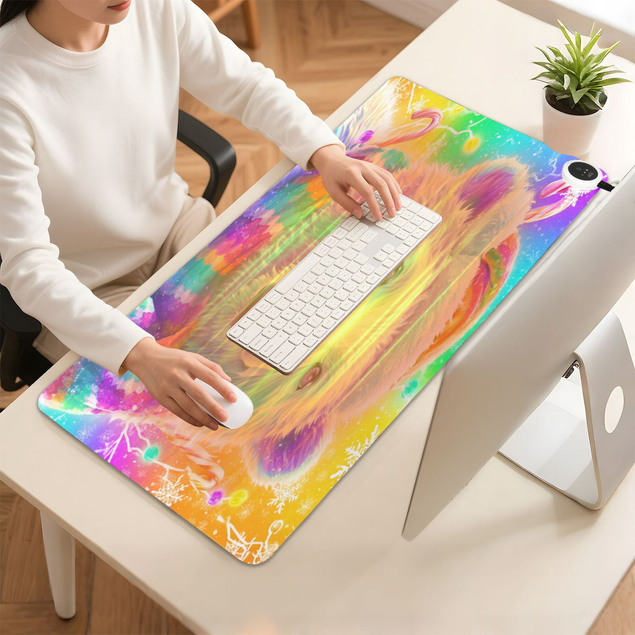 Large Heated Desk Mat Mouse Pad 31.5"x13"PU Leather Graphene Heating Desk Warmer with 3 Temperature Settings 110V US Plug Non-Slip Warm Pad for Home, Office, and Gaming Colorful Polar Bear Pattern