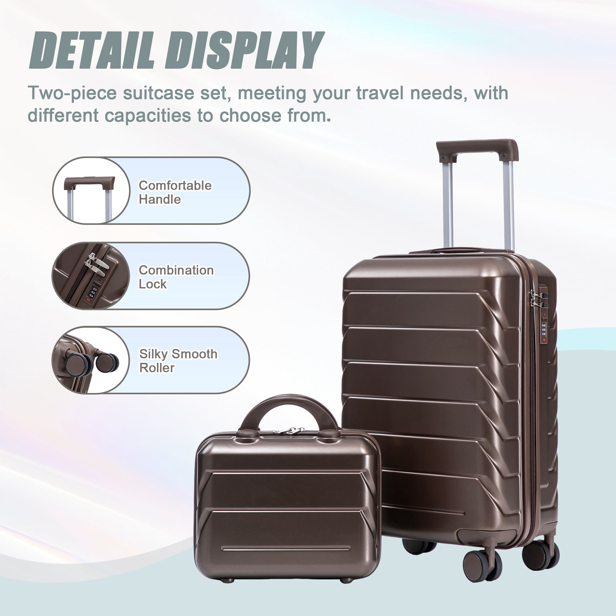 Alvantor 2 Pcs Luggage Set with Combination Lock, 20" ABS Spinner Suitcase & 14" Cosmetic Case, Brown
