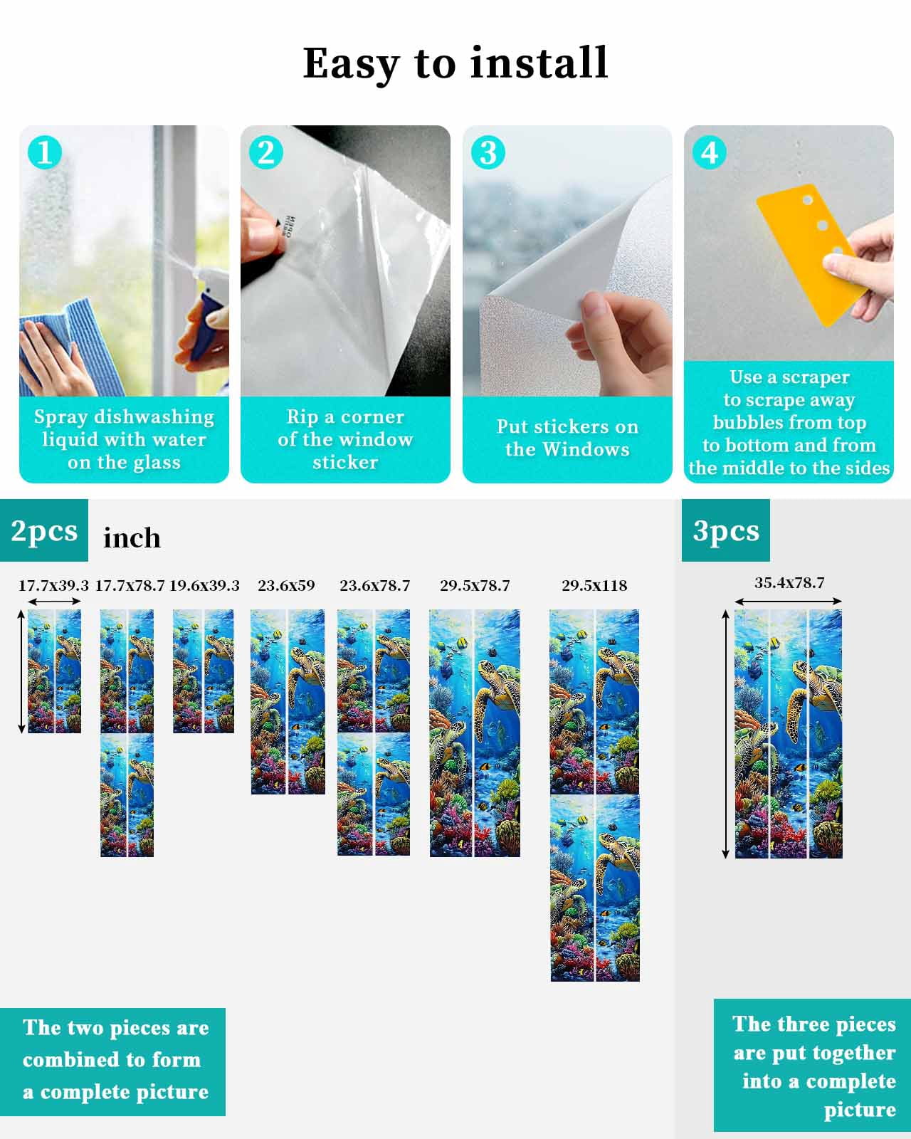 Window Privacy Film Blue Sea Turtle Ocean Stained Glass Window Film Decorative Sun Block Window Cover Colorful Coral Sea Underwater Window Clings Static Adhesive Sticker for Bathroom 23.6"x59"