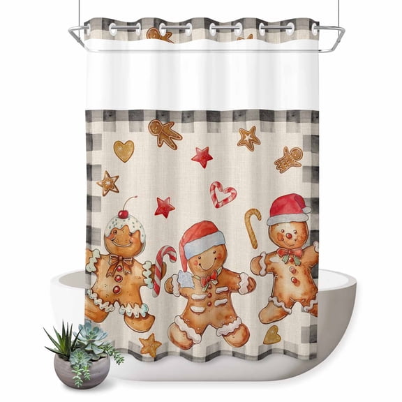 No Hook Shower Curtain with Built-in Rings - Vintage Christmas Gingerbread Man Washable Waterproof Fabric Bathroom Curtains for Hotel,Rentals, Stall 48 X 72 Inch , Beige Black Plaid