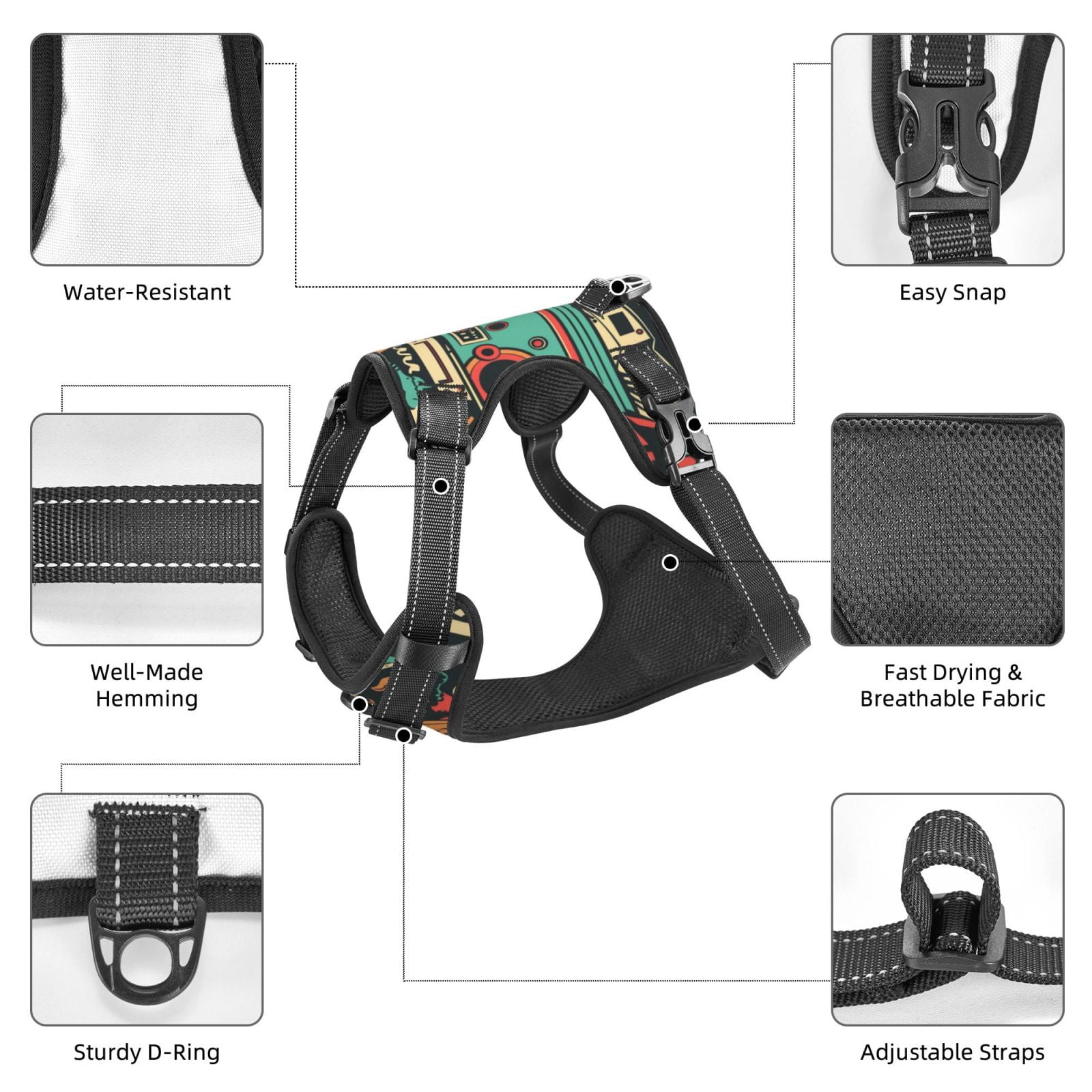 Vsdgher Retro Pop Art Collage Dog Harness, No-Pull Pet Harness, Dog Vest, Pet Vest for Small to Large Dogs-