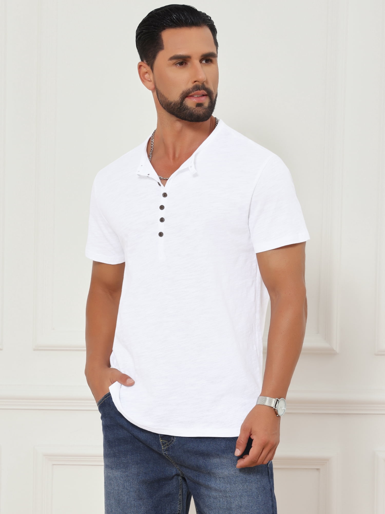 DARING DIVA Men's Retro Henley Texture Button Down Short Sleeve T-Shirt S White